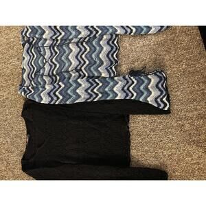 Pair of Women's Long Sleeve Tops - Black Knit and Blue Chevron Crochet